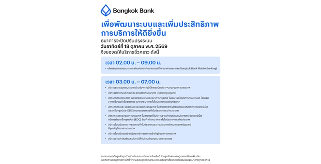 ธนาคารกรุงเทพ แจ้งปิดปรับปรุงระบบชั่วคราว เพื่อเพิ่มประสิทธิภาพการให้บริการลูกค้า