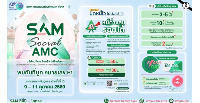 SAM สานต่อภารกิจเพื่อสังคม Social AMC ร่วมงาน Money Expo 2026 Udonthani “ร่วมขับเคลื่อนแก้หนี้อย่างยั่งยืน-พร้อมโปรโมชันเด็ดทรัพย์มือสอง” เพื่อชาวอีสาน