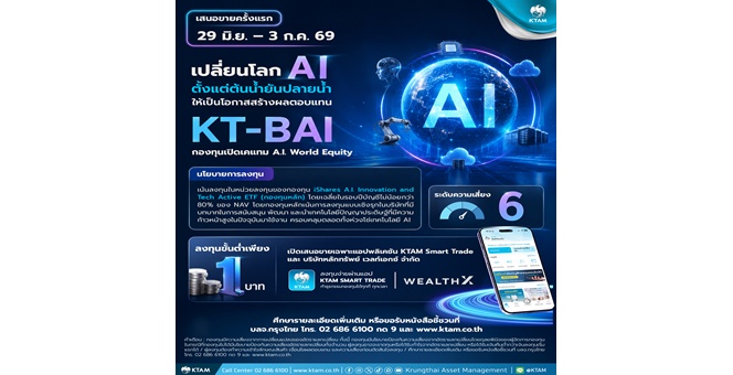 KTAM เปิดตัวกองทุน “KT-BAI” ชูจุดเด่นลงทุนเชิงรุกหุ้น AI ระดับโลกครบวงจร IPO 29 มิ.ย. – 3 ก.ค. นี้