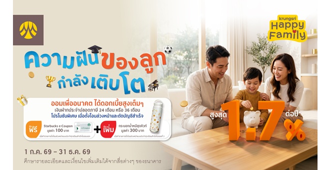 ออมเพื่อลูกกับบัญชีเงินฝากประจำปลอดภาษีจากกรุงศรี รับดอกเบี้ยสูงสุด 1.70% ต่อปี