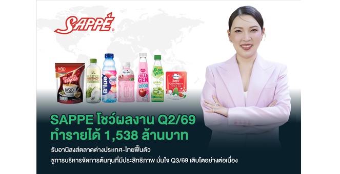 SAPPE โชว์ผลงาน Q2/69 ทำรายได้รวม 1,538 ล้านบาท รับอานิสงส์ตลาดต่างประเทศ-ไทยฟื้นตัว ชูการบริหารจัดการต้นทุนที่มีประสิทธิภาพ มั่นใจ Q3/69 เติบโตอย่างต่อเนื่อง