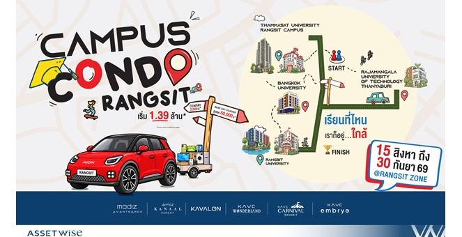 แอสเซทไวส์ ส่งแคมเปญ “Campus Condo รังสิตแจกใหญ่ พร้อมอยู่พร้อมย้าย” ขน 6 คอนโดทำเลรังสิตเสิร์ฟดีลเด็ด แจกรถ AION UT* รวมรางวัลมูลค่ากว่า 1 ลบ.* ถึง 30 ก.ย.นี้