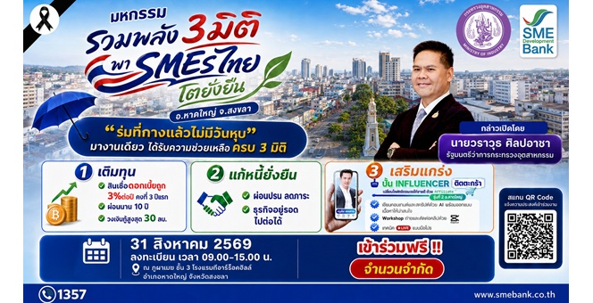 SME D Bank เดินหน้าหนุนเศรษฐกิจแดนใต้ จัด “มหกรรมรวมพลัง 3 มิติฯ” เติมทุน แก้หนี้ เพิ่มยอดขาย พาเอสเอ็มอีไทยโตยั่งยืน 31 ส.ค.นี้ ณ หาดใหญ่