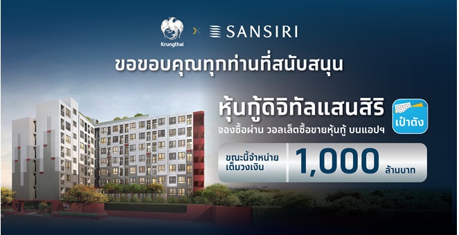 “หุ้นกู้ดิจิทัลแสนสิริ” บนแอปฯ เป๋าตัง จองซื้อเต็มจำนวน 1,000 ล้านบาท ในเวลา 67 วินาที ตอกย้ำความเชื่อมั่นผู้นำอสังหาฯและการขยายโอกาสการลงทุนให้ทั่วถึง