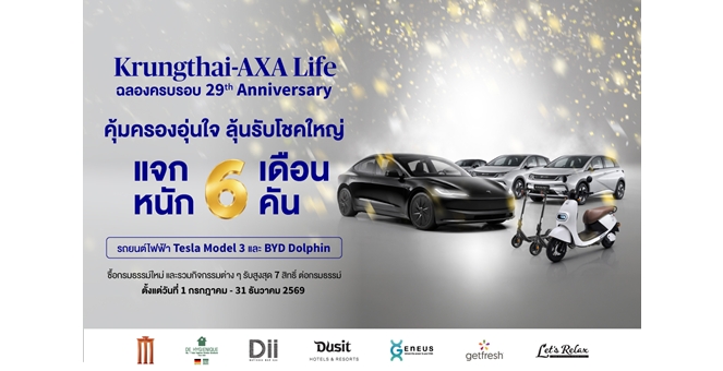 กรุงไทย-แอกซ่า ประกันชีวิต ฉลองครบรอบ 29 ปี จัดแคมเปญใหญ่ “คุ้มครองอุ่นใจ ลุ้นรับโชคใหญ่ 6 เดือน 6 คัน” ลุ้นรับของรางวัลมูลค่ารวมกว่า 7 ล้านบาท