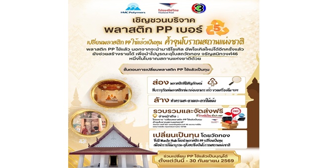 สายบุญรักษ์โลกห้ามพลาด! ไปรษณีย์ไทย จับมือ “ช่อง 3 - HMC Polymers - วัดทอง” ชวนคนไทย “เปลี่ยนพลาสติก PP ใช้แล้วเป็นทุน ค้ำจุนโบราณสถานแห่งชาติ” ส่งฟรีผ่านเครือข่ายพี่ไปรฯ ทั่วประเทศ วันนี้ – 30 ก.ย. นี้
