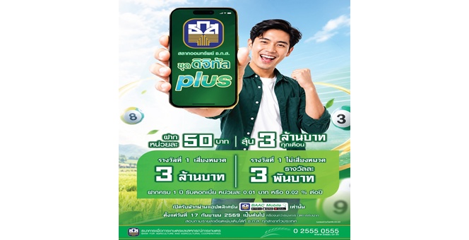 ธ.ก.ส. เปิดตัวสลากออมทรัพย์ ธ.ก.ส. ชุดดิจิทัล Plus ผ่าน Application BAAC Mobile ฝากง่าย เพียงหน่วยละ 50 บาท ลุ้นโชค มูลค่า 3 ล้านบาททุกเดือน