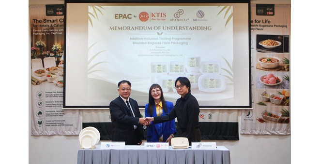 กลุ่ม KTIS ผนึก Alterpacks สิงคโปร์ และ SJS ลงนาม MOU นำเทคโนโลยีนวัตกรรมผลิตบรรจุภัณฑ์ชานอ้อย 100% วัสดุปลอด PFAS