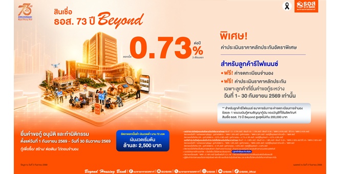 ธอส. จัดโปรสินเชื่อ 73 ปี Beyond ฉลองครบรอบเดือนเกิด อัตราดอกเบี้ยต่ำเพียง 0.73% ต่อปี ฟรีค่าธรรมเนียม ช่วยคนไทยมีบ้านแบบ Worry Free!