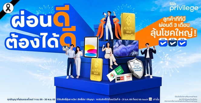 “ทีทีบี” ผู้นำสินเชื่อคนผ่อนดี ตอบแทนลูกค้าที่มีวินัยในการผ่อน ส่งมอบภารกิจ “ผ่อนดี ต้องได้ดีกับทีทีบี พริวิเลจ” แค่ผ่อนตรงเวลาติดกัน 3 เดือน คว้าสิทธิ์ลุ้นรางวัล จัดเต็มกว่า 600 รางวัล มูลค่ารวมกว่า 500,000 บาท เริ่มกันยายนนี้