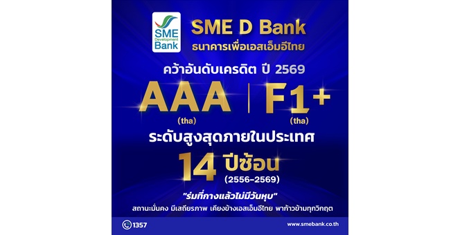 SME D Bank สถานะสุดแกร่ง ‘ฟิทช์ เรทติ้งส์’ คงเครดิตสูงสุดในประเทศ 14 ปีซ้อน ตอกย้ำบทบาทเคียงข้างช่วยเอสเอ็มอีไทยในทุกสถานการณ์